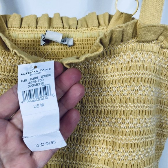 🛑 American Eagle Women's Smocked Bodycon Mini Dress Yellow Linen Blend NWT - Picture 7 of 13
